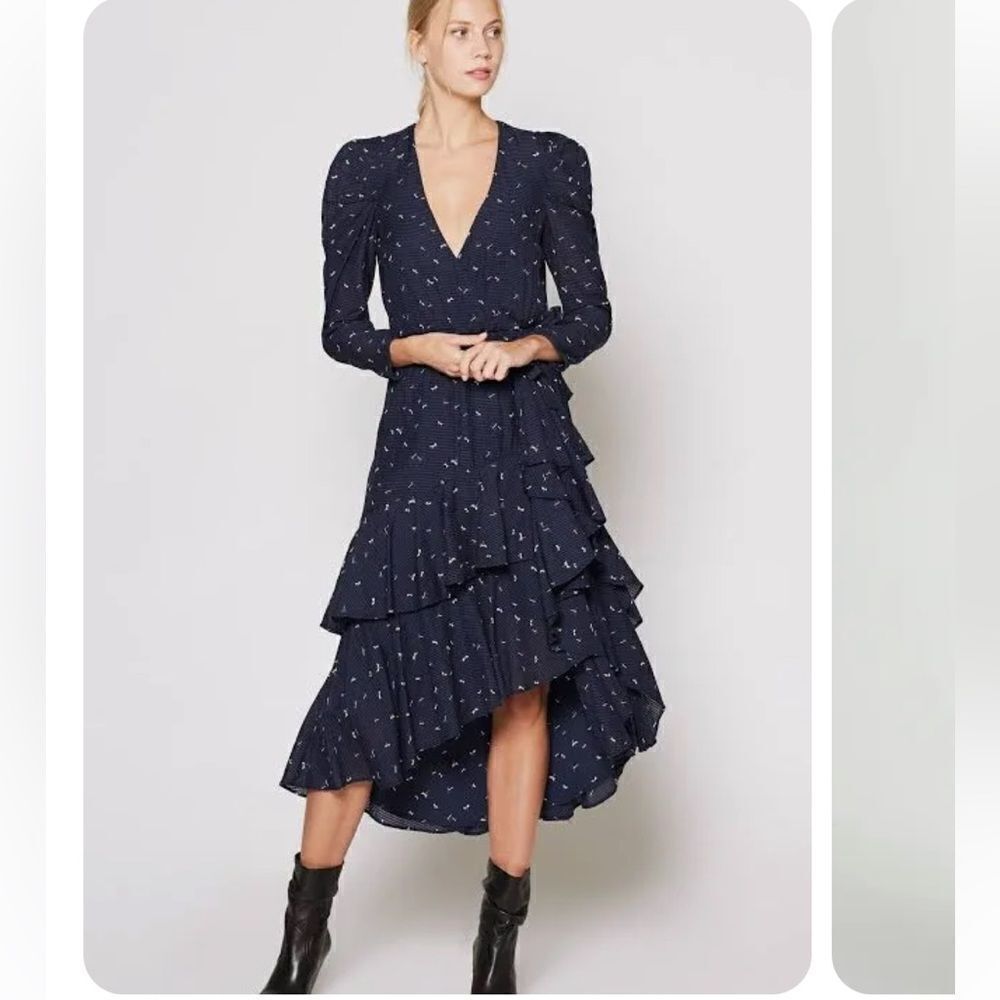 Joie MIRALY Navy Blue Dragonfly Print Wrap Tiered Ruffled Midi Dress